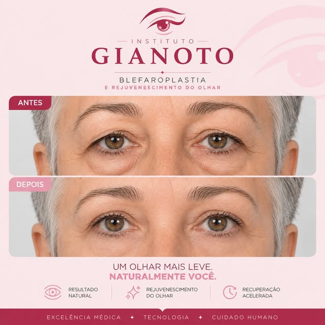 Antes e depois de blefaroplastia superior e inferior, paciente com olhar mais aberto e descansado